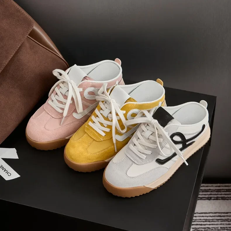 真皮内增高6cm包头半拖鞋女外穿2025新款夏季厚底小码德训鞋平底