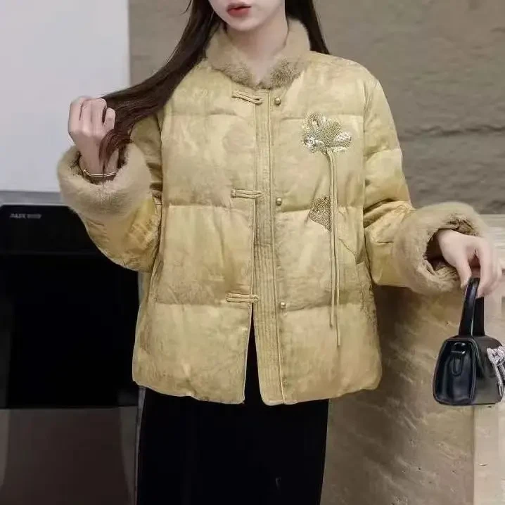 【花雪】钉珠羽绒服女2025冬季新款洋气新中式国风白鸭绒保暖外套