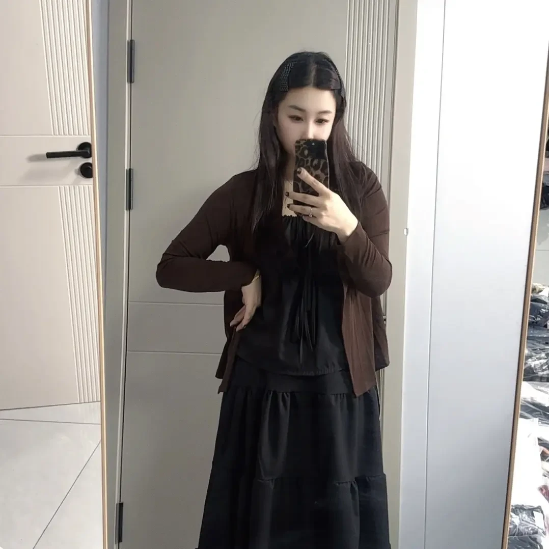 大码复古蝴蝶结吊带长袖开衫女秋季高腰半身裙阔腿裤套装（分开拍