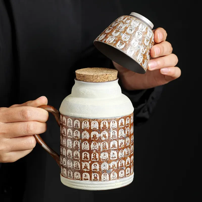 老岩泥千佛小暖壶马克杯带盖家用复古带恒温叠中式保温瓶泡茶杯子