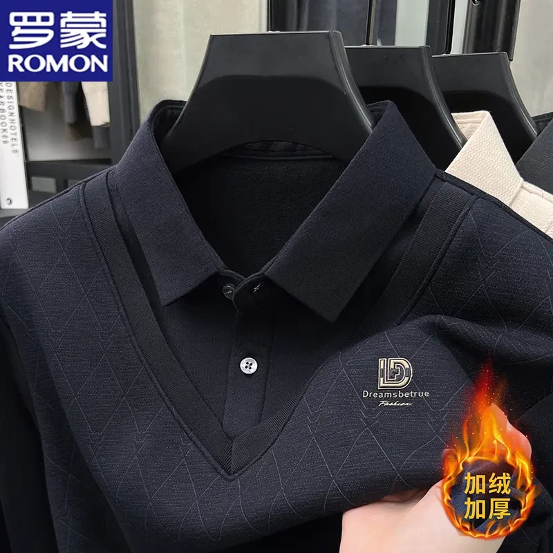 罗蒙冬季加绒加厚男士衬衫领假两件中老年保暖抗寒宽松打底衫毛衣
