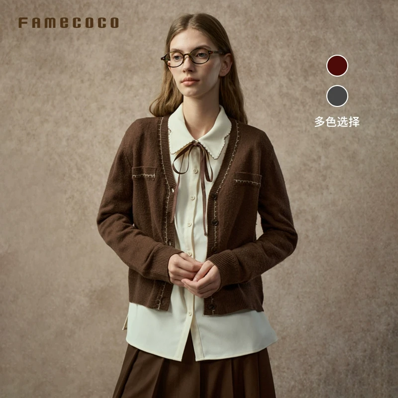 FAMECOCO范可儿优雅小香风金边V领短款开衫优质澳毛混纺FAC8DE001