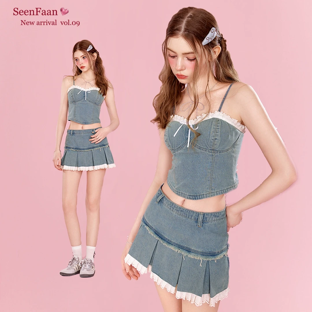 SEENFAAN盛放25年夏季新款修身吊带牛仔套装女chic小个子两件套