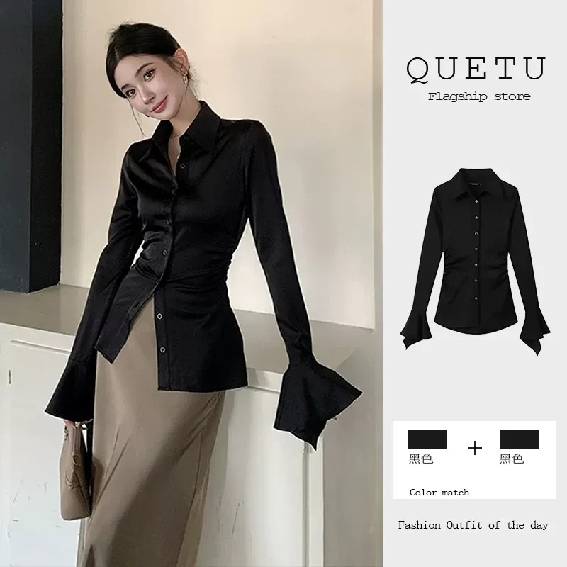 法式气质polo领长袖衬衫内搭女装春季新款衬衣纯欲风黑色收腰上衣