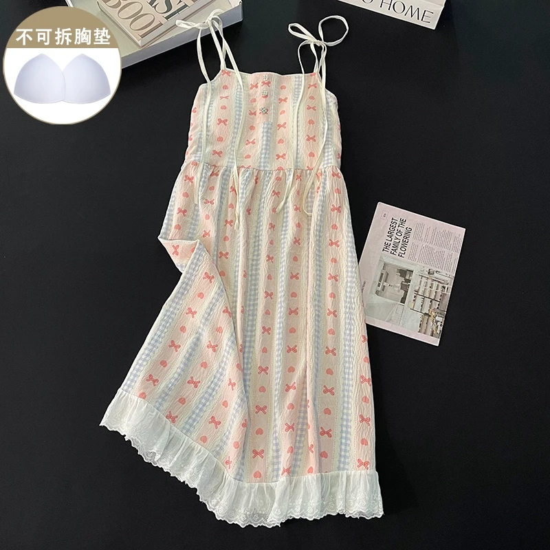甜美风睡衣少女新款夏季带胸垫蝴蝶结吊带睡裙夏天学生舒适家居服