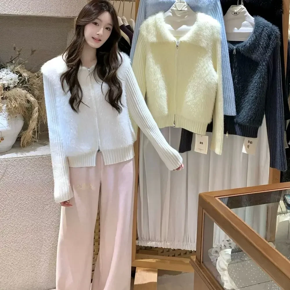 韩系设计感毛毛拼接翻领双拉链毛衣外套女秋冬新款宽松慵懒风上衣