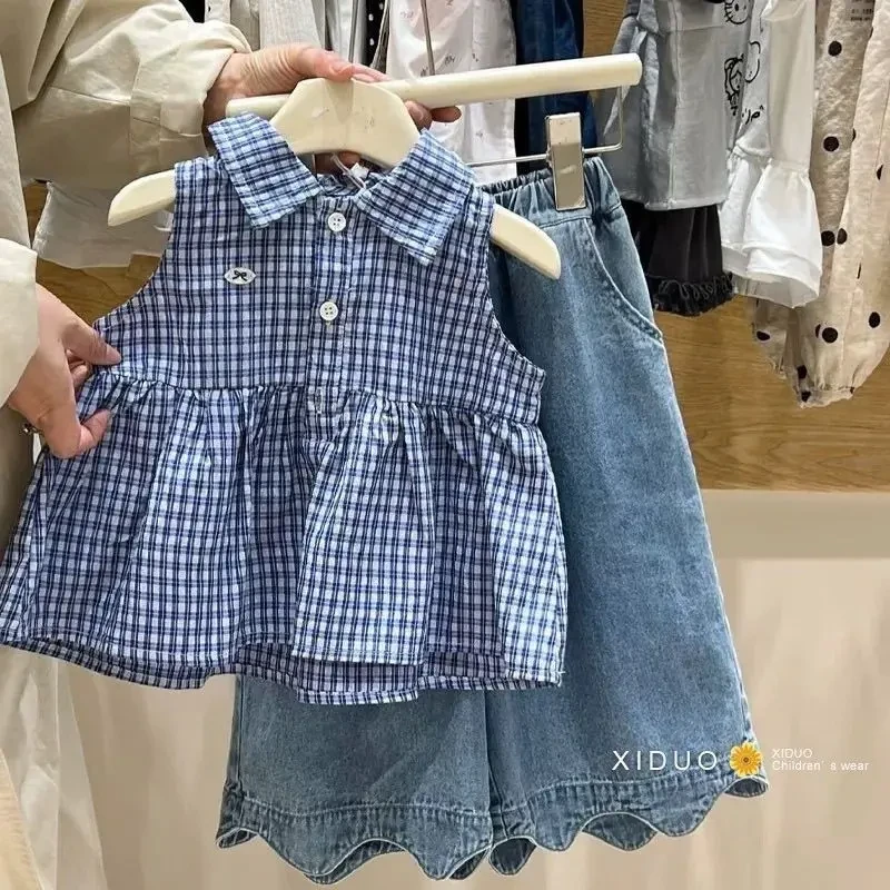 韩系童装女童夏套装洋气时髦女宝宝甜美无袖格子背心百搭薄款牛仔
