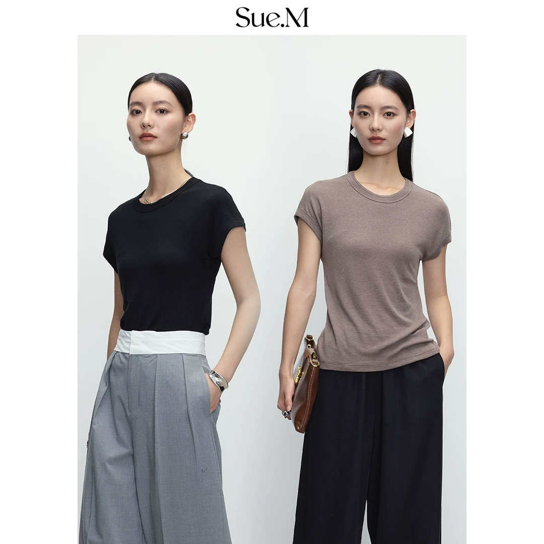 Sue.M 兰精天丝t恤女气质打底衫新款修身版显瘦短袖t女