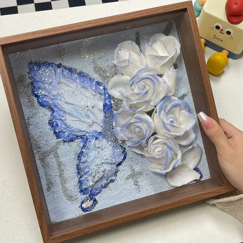 手工DIY自制蝴蝶肌理画玫瑰花相框材料装饰摆台送女朋友闺蜜礼物F