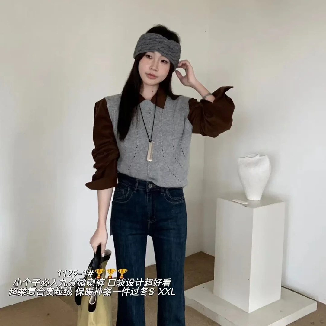 冬季加绒加厚一条过冬小个子九分紧身喇叭裤1129