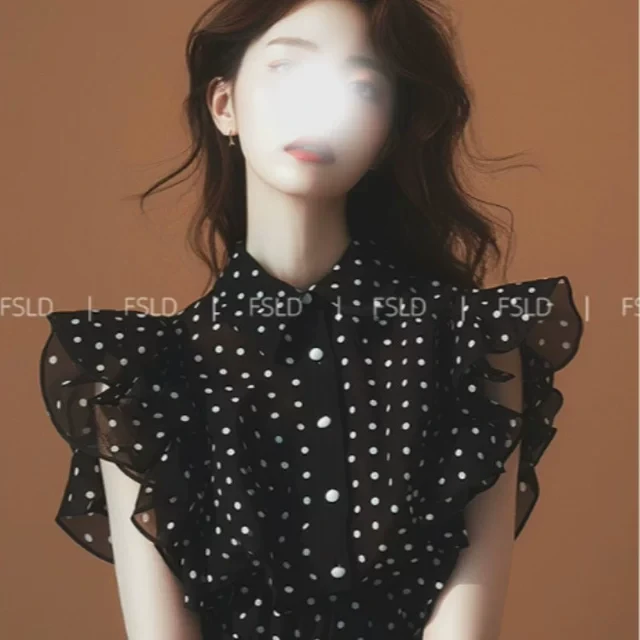 法式黑色波点无袖雪纺衬衫女夏季今年流行漂亮小衫超仙飞飞袖上衣