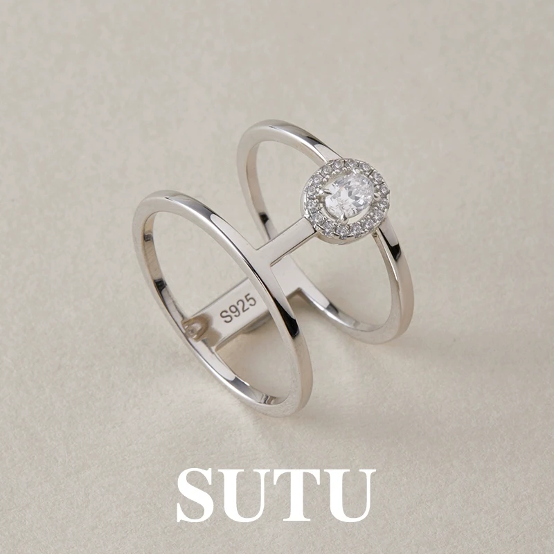 925银合成锆石戒指 双环极简小众独特高级个性食指戒轻奢时尚指环