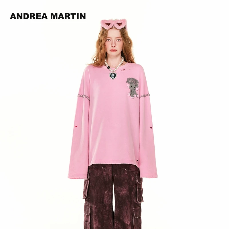 ANDREA MARTIN 25春新款粉色圆领水洗大象钩织破洞毛巾绣卫衣