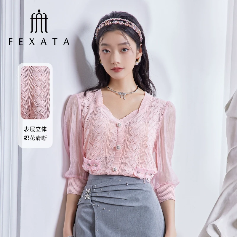 FEXATA斐格思2025夏季新品网纱袖钉珠气质方领薄款少女粉针织衫