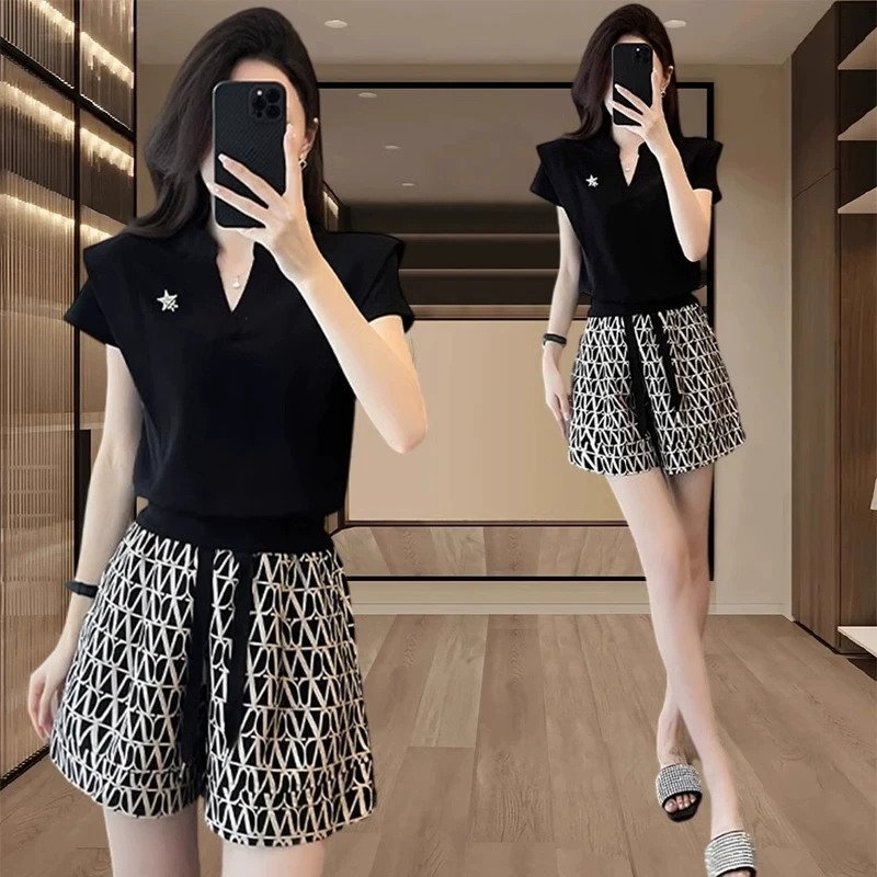 时尚欧货短袖套装女士2025夏季新款洋气减龄高级感短裤休闲两件套