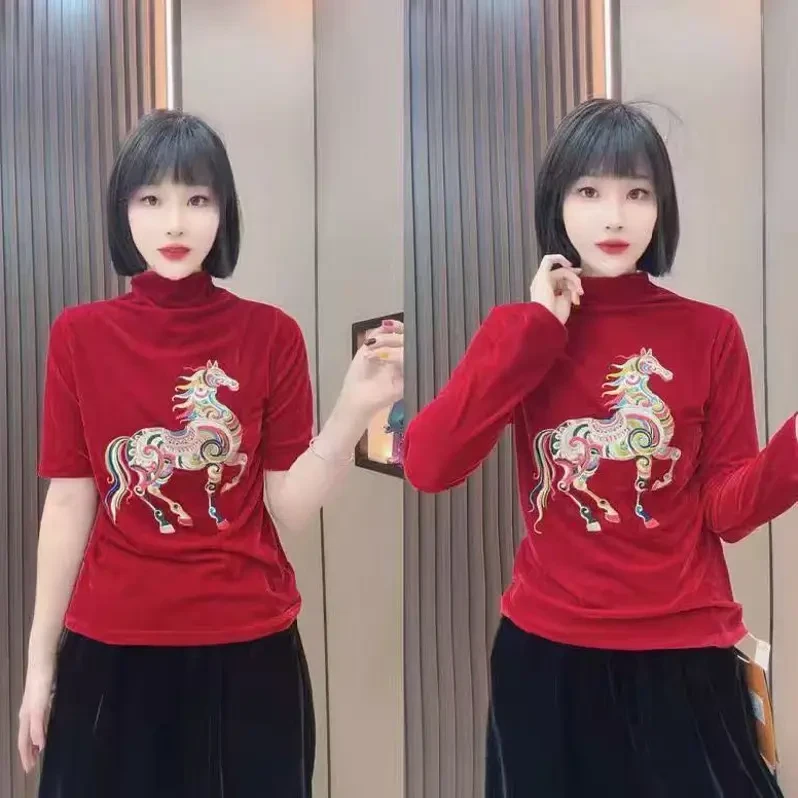 三姐家新中式重工刺绣丝绒女士打底小衫