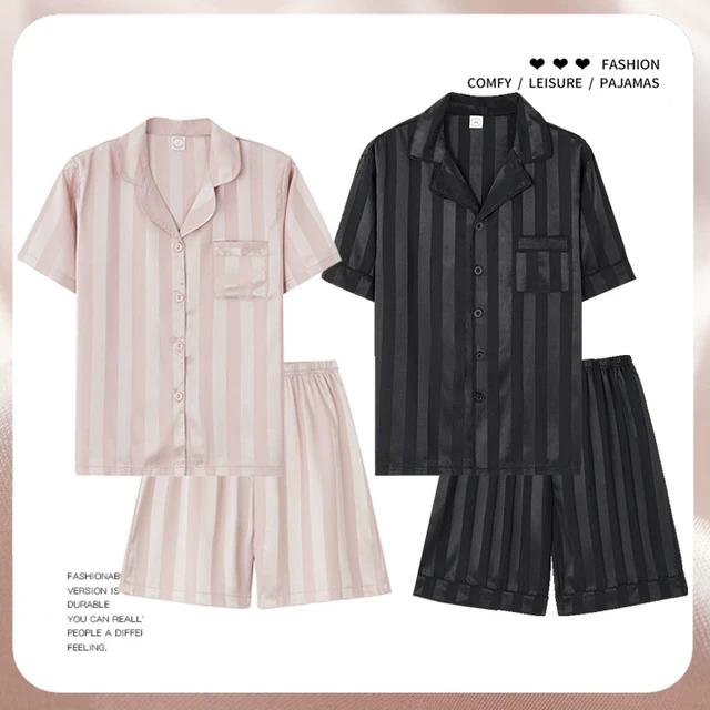 芝桃鸟情侣条纹睡衣夏季冰丝短袖短裤女款家居服黑色男士丝绸套装