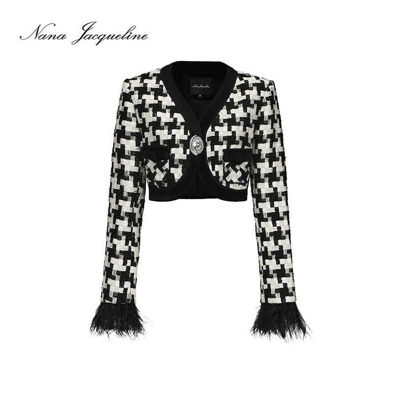 NanaJacqueline格纹编织羽毛短外套新款小香风复古钻扣上衣 珠珠