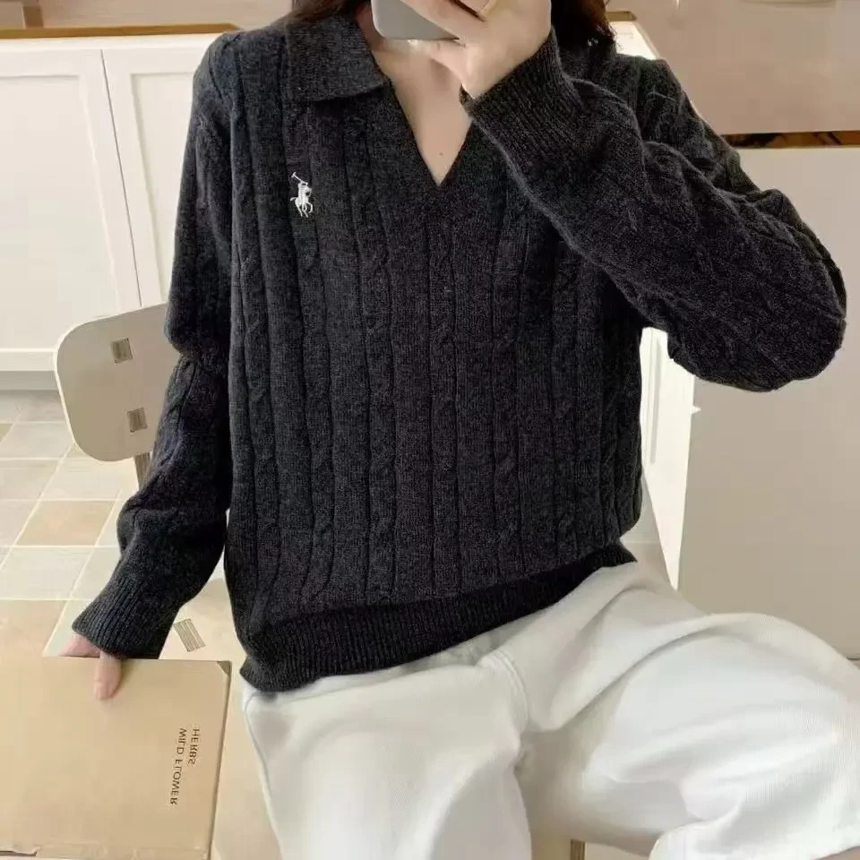 1236秋冬女士减龄polo领灰色麻花针织打底衫女冬季显瘦上衣