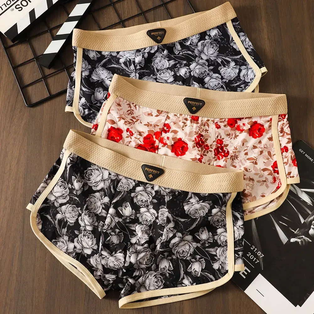 浪漫玫瑰~夏季冰丝男士内裤潮流舒适平角裤性感薄款印花四角裤衩