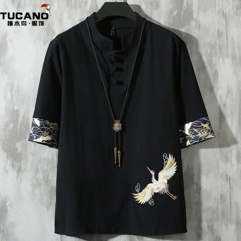 啄木鸟中国风唐装男潮牌短袖宽松仙鹤刺绣T恤古风仿棉麻半袖仙气