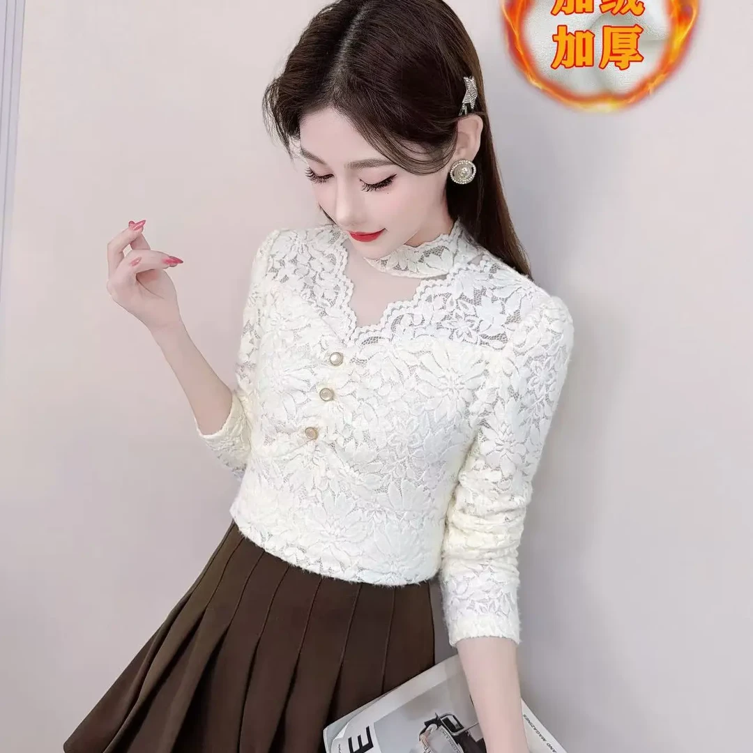 利君家加绒蕾丝打底衫女秋冬新款保暖显瘦内搭镂空上衣（衣长52cm）
