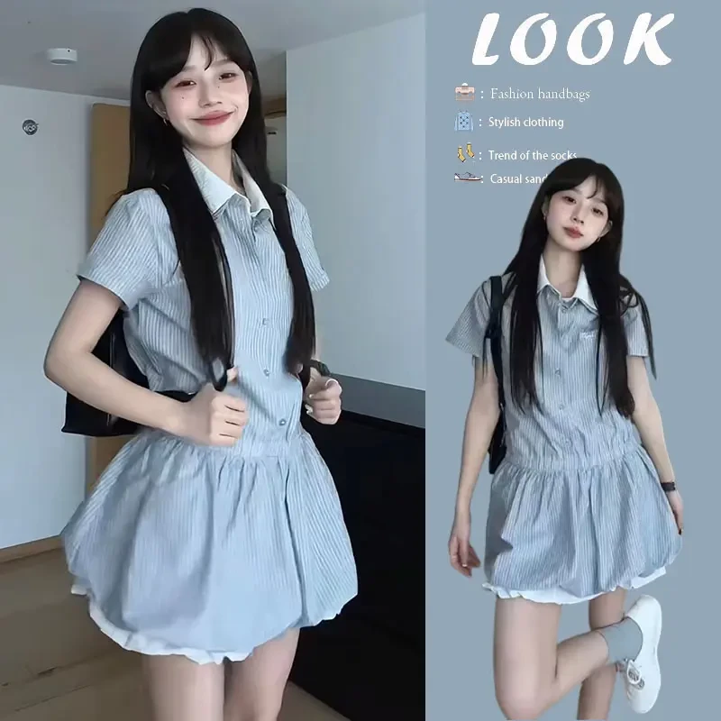 夏季新款洋气衣服女装翻领假两件条纹衬衫连衣裙宽松花苞短裙