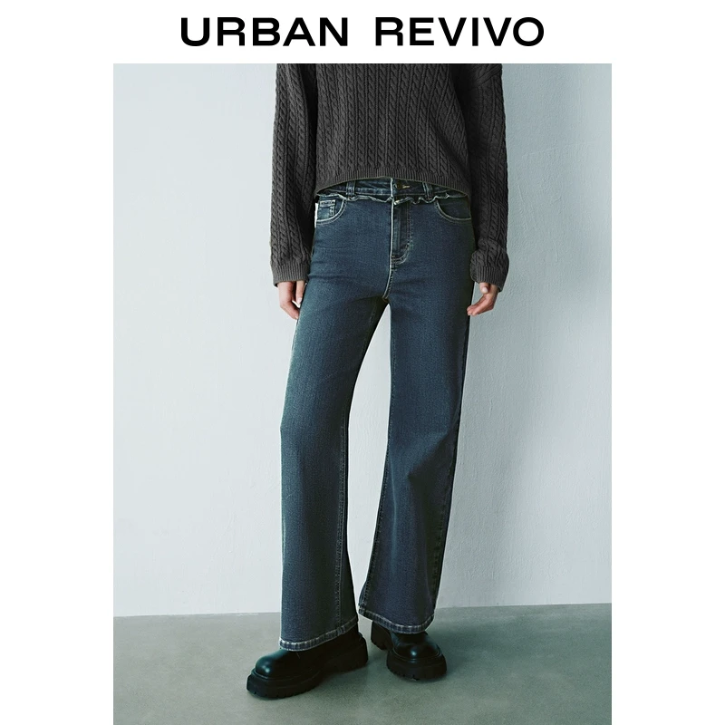 UR2025秋季新款女装复古休闲木耳边水洗牛仔长裤UYY850008