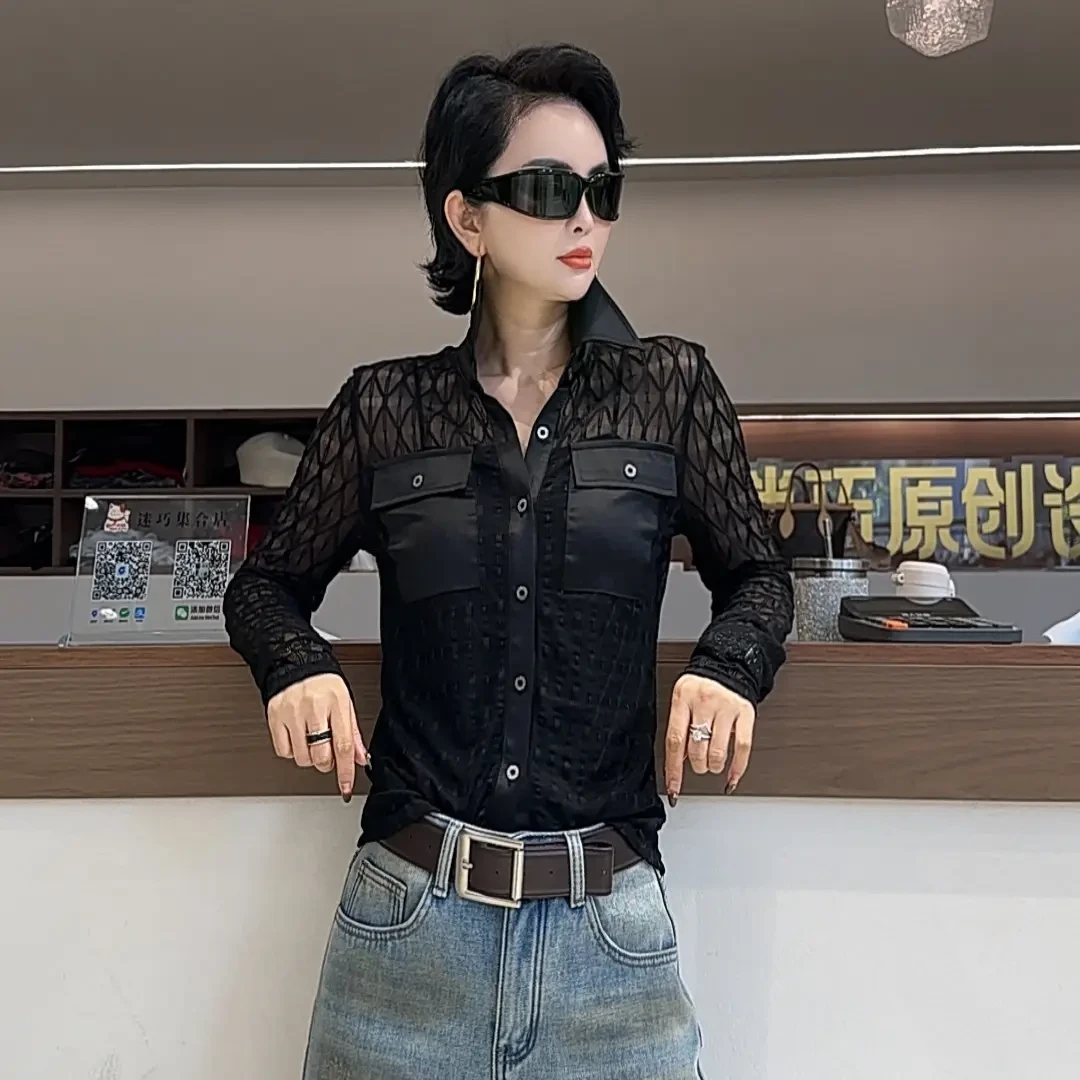 【迷巧】韩版爆款显瘦蕾丝拼接百搭衬衫