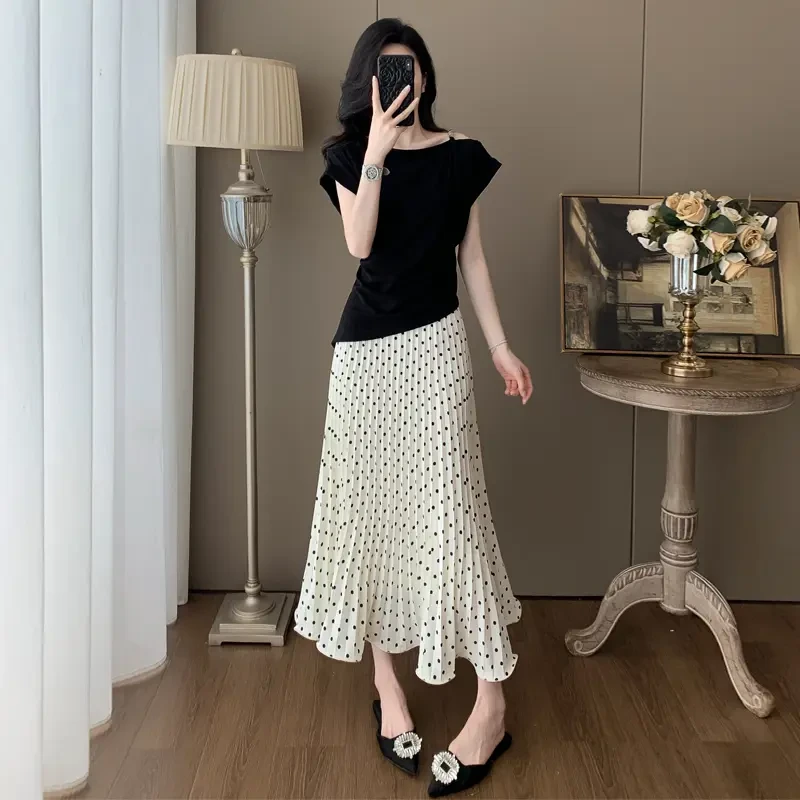 2025夏款新款洋气一字领别致上衣设计感波点收腰半身裙两件套装