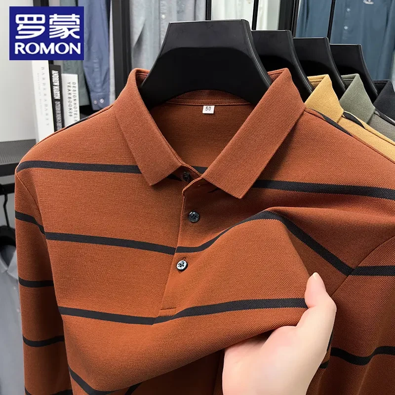 罗蒙【纯棉】商务休闲中年男士全棉长袖Polo衫春秋经典条纹百搭上衣