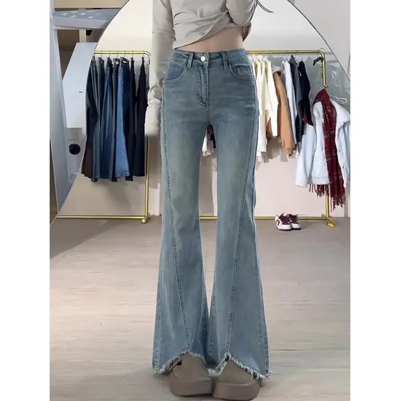 复古蓝毛边微喇牛仔裤女新款胖妹妹高腰遮胯显瘦弹力直筒裤241223