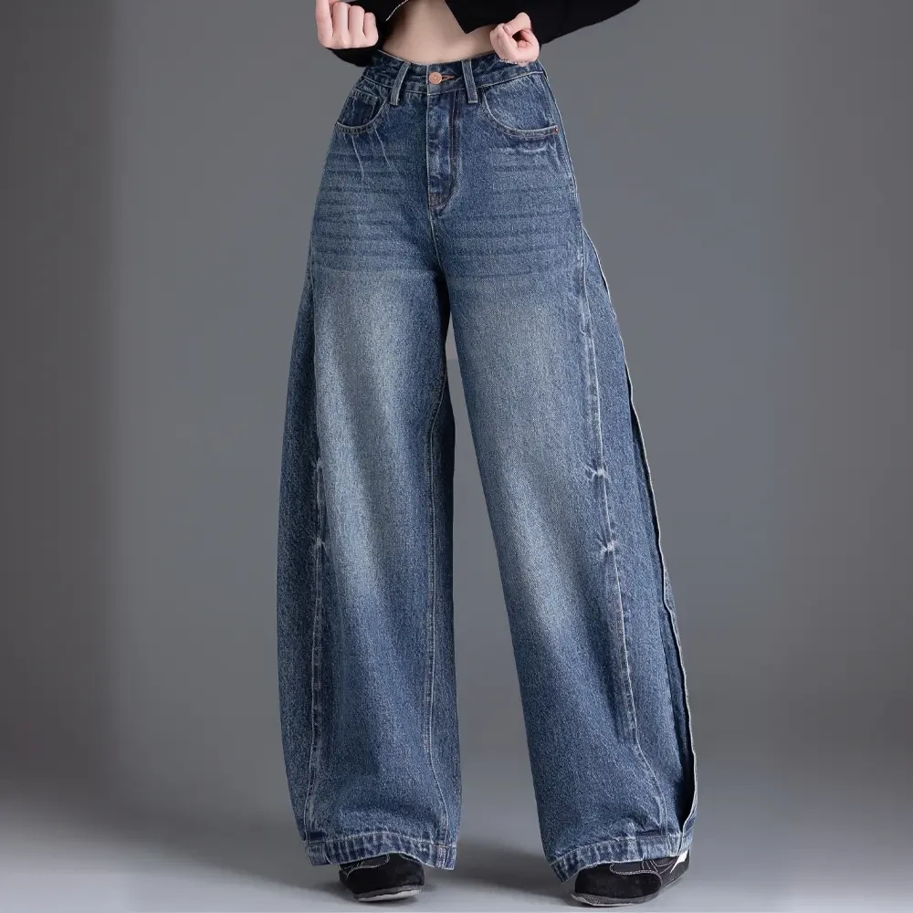 复古美式高街拼接牛仔裤秋冬新款高腰宽松显瘦时尚潮流百搭阔腿裤