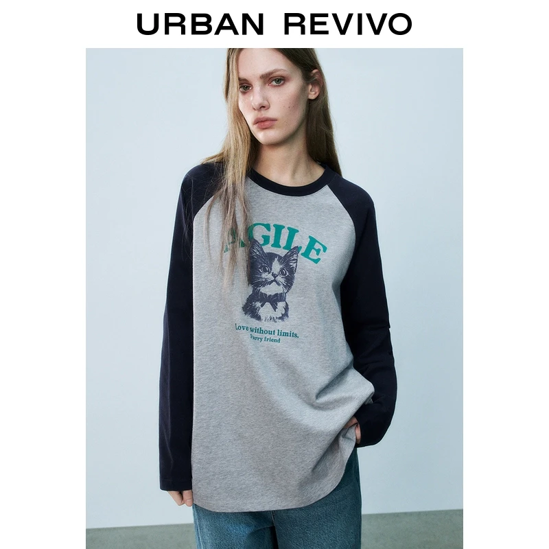 UR2025春季新款女欧若风休闲学院趣味猫咪印花撞色T恤UYY450024