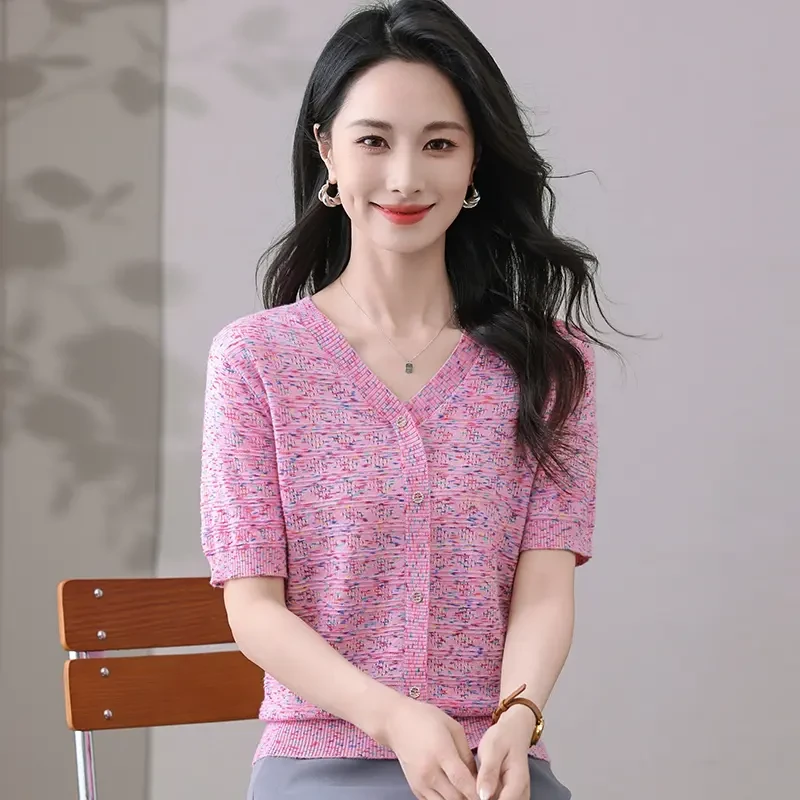 新款夏秋透气短袖针织衫女士V领花纱提花气质洋气妈妈上衣宽松型