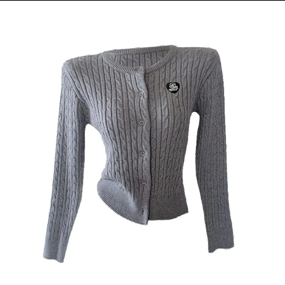 秋冬新款韩版刺绣藏青色麻花针织开衫女高级感内搭毛衣外套