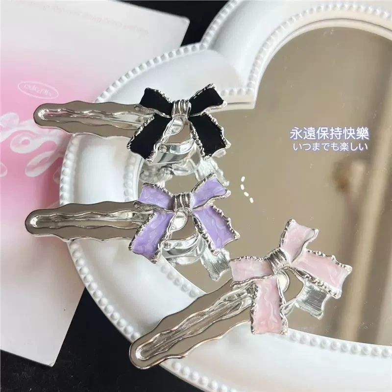 少女蝴蝶结合金发夹甜美侧边刘海夹发饰鸭嘴夹金属质感银色发饰