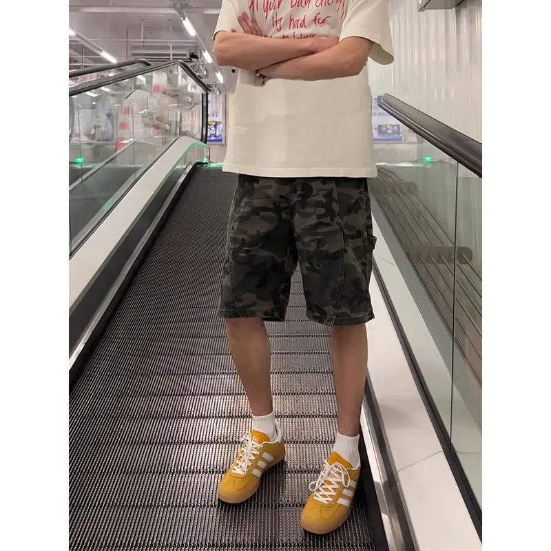 美式vibe迷彩工装短裤男款夏季潮牌运动休闲裤新款五分复古牛仔裤