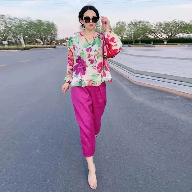 时尚套装女2025夏季新款洋气大码宽松显瘦印花上衣九分裤两件套女