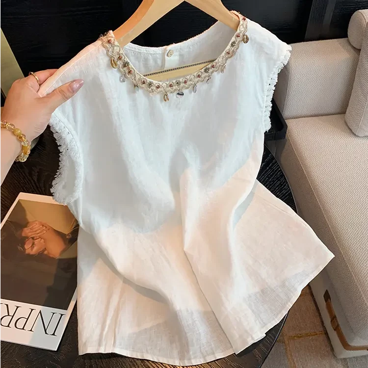 夏季新款白色贝壳钉珠气质无袖上衣女法式气质流苏度假风外穿背心