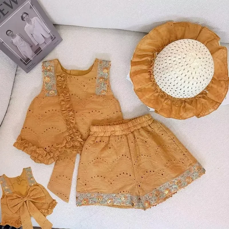 女童蝴蝶结背心套装夏季2025新款儿童夏装女孩镂空短裤两件套洋气