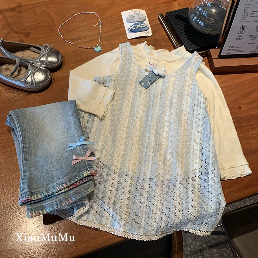 【现货特惠】女童针织背心裙百搭韩系甜美小童女宝宝镂空提花马甲裙