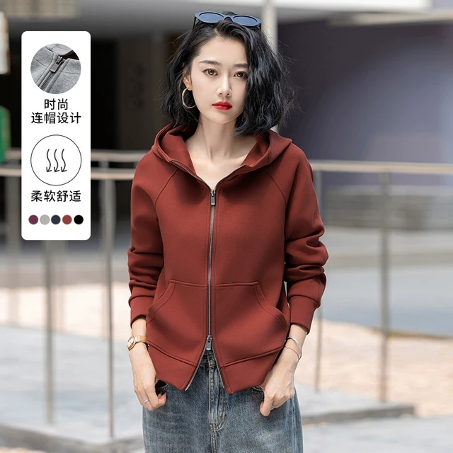 安可拉红秋冬拉链衫外套女纯色连帽减龄洋气显瘦大码太空棉卫衣潮
