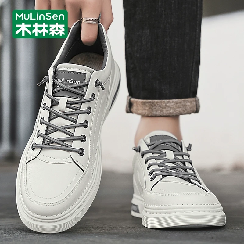 木林森板鞋男款2025新款秋季皮面休闲工作软底防滑运动男士小白鞋