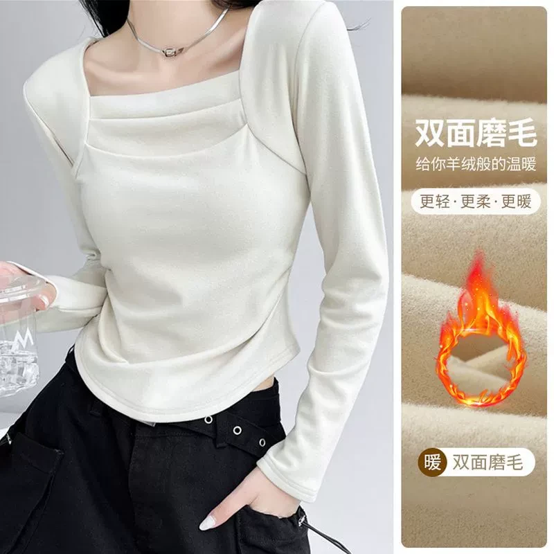 黑色方领德绒打底衫女内搭春秋冬季加厚保暖百搭上衣长袖低领显瘦