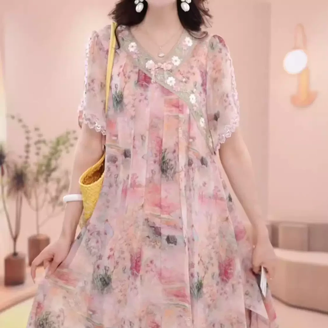 女生韩系ins禅意气质款高级云锦丝新中式刺绣气质碎花礼服裙2025