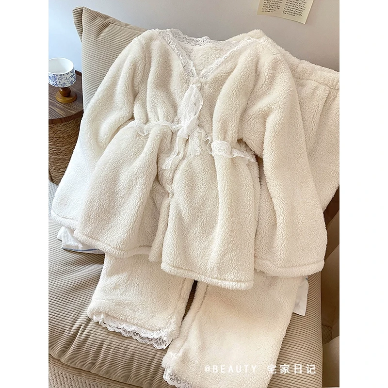 韩系少女蕾丝边长袖珊瑚绒睡衣女冬款加厚保暖高级感家居服可出门