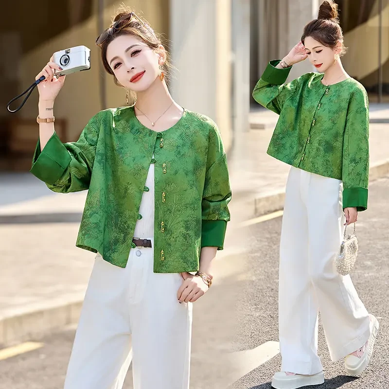 新中式国风提花外套女短款2025春季新款高级感气质绿色小个子上衣