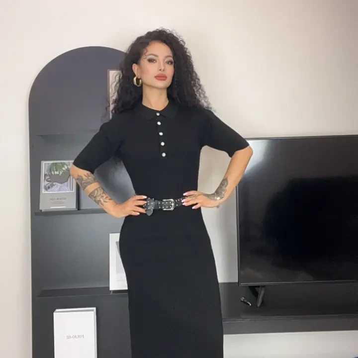 002 夏季圆领领口扣子设计包臀连衣裙显瘦修身复古优雅