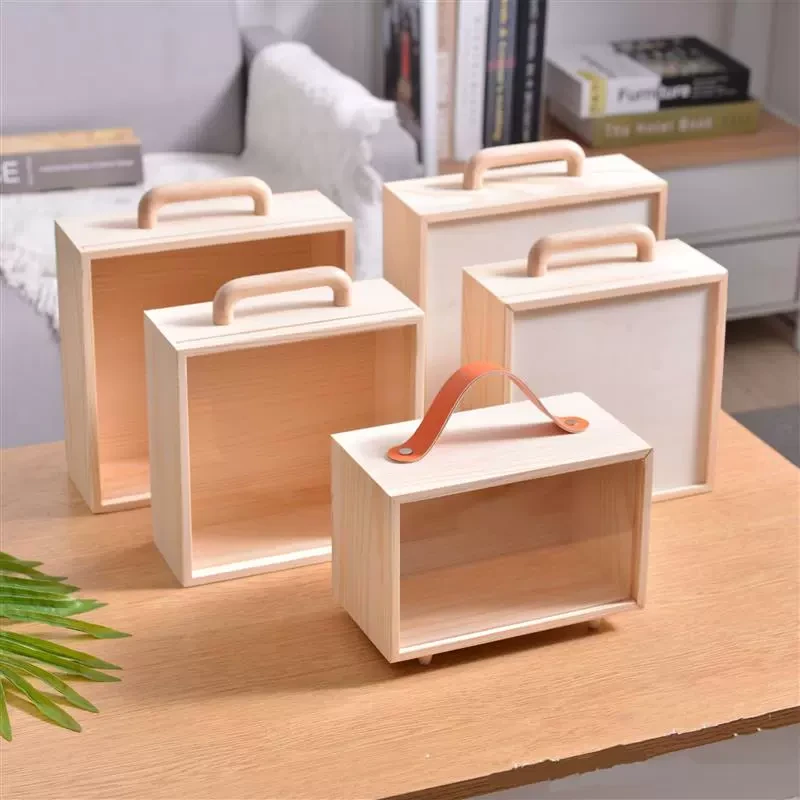 木质手提透明盒木柄高级伴手礼盒红皮手提箱永生花盒手办收纳展示